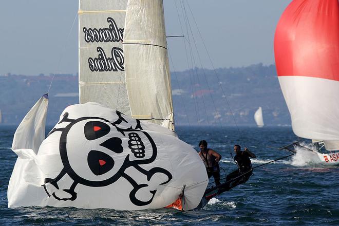 Australian 18ft Skiff League Club Championship 2013 - Quick spinnaker drop  © Frank Quealey /Australian 18 Footers League http://www.18footers.com.au